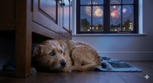 cão com medo de fogos de artifício