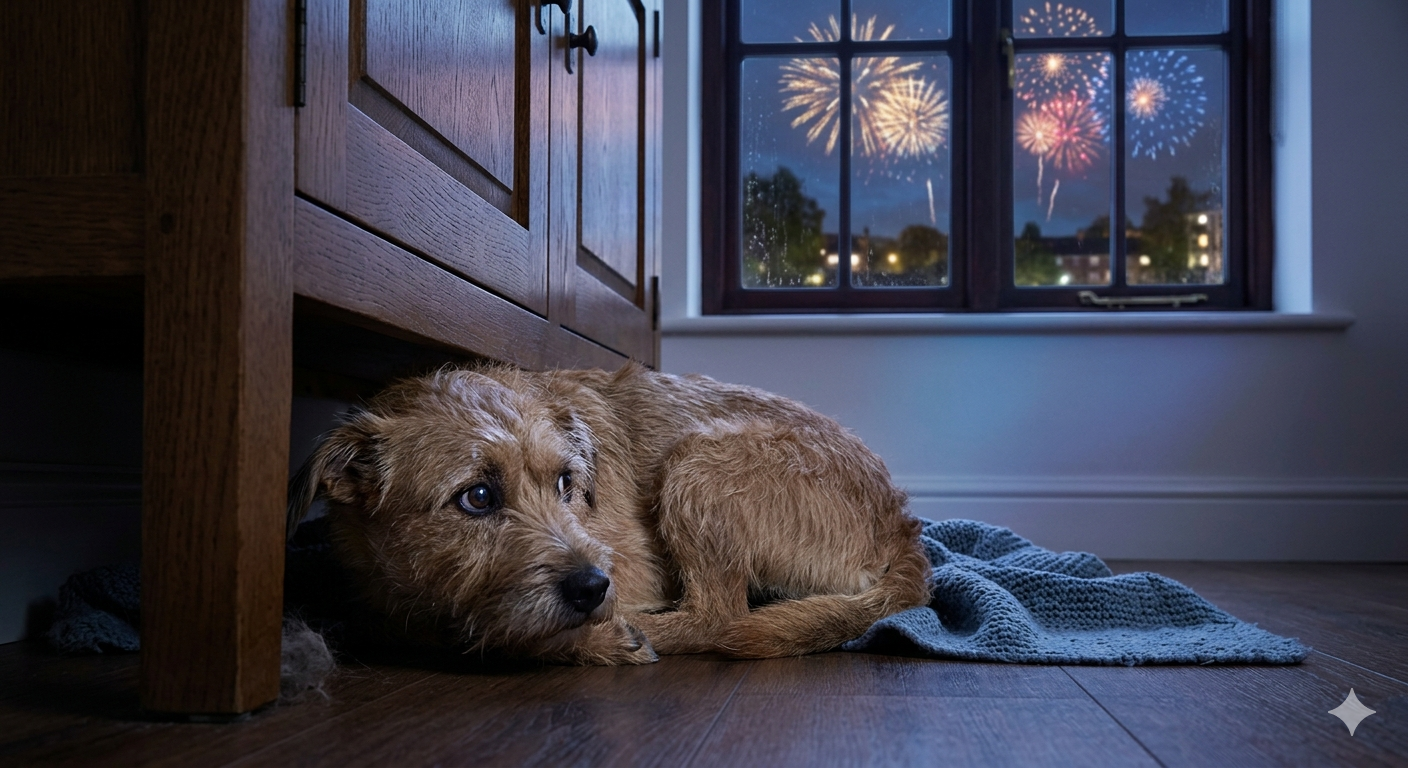 cão com medo de fogos de artifício