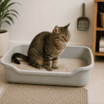 gato usando caixa de areia corretamente