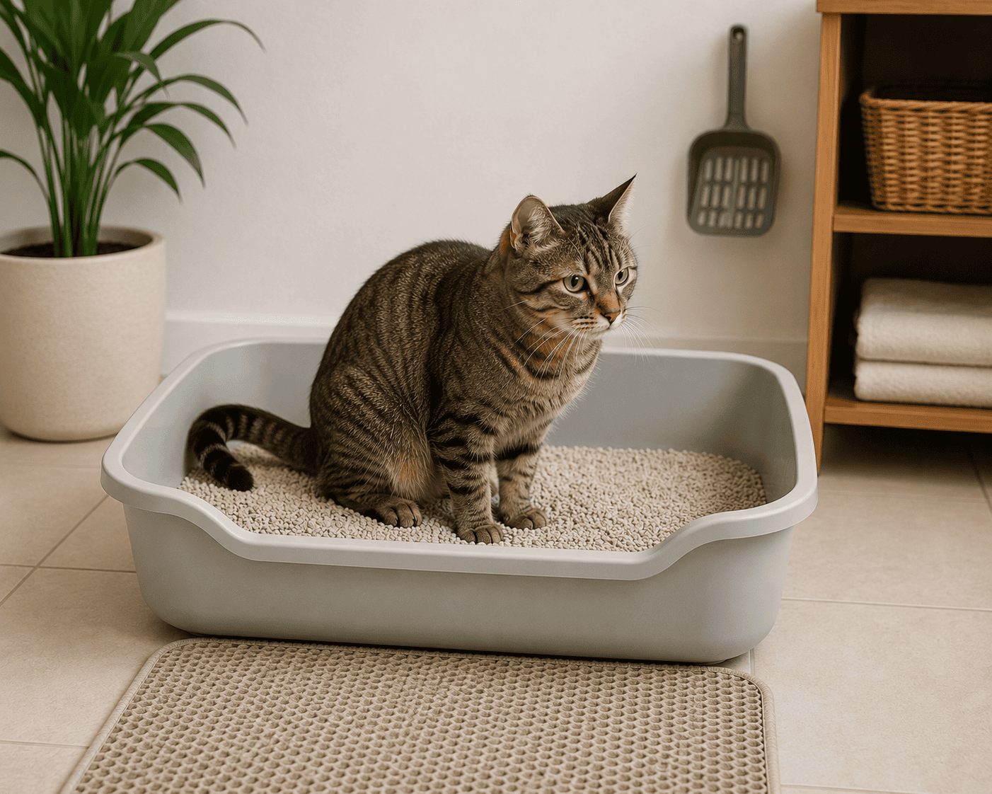 gato usando caixa de areia corretamente