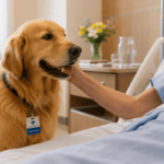 cão terapeuta visitando paciente em hospital