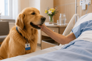 cão terapeuta visitando paciente em hospital